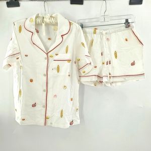 Anthropologie, white pajama set, red trim, colorful baked goods print, s